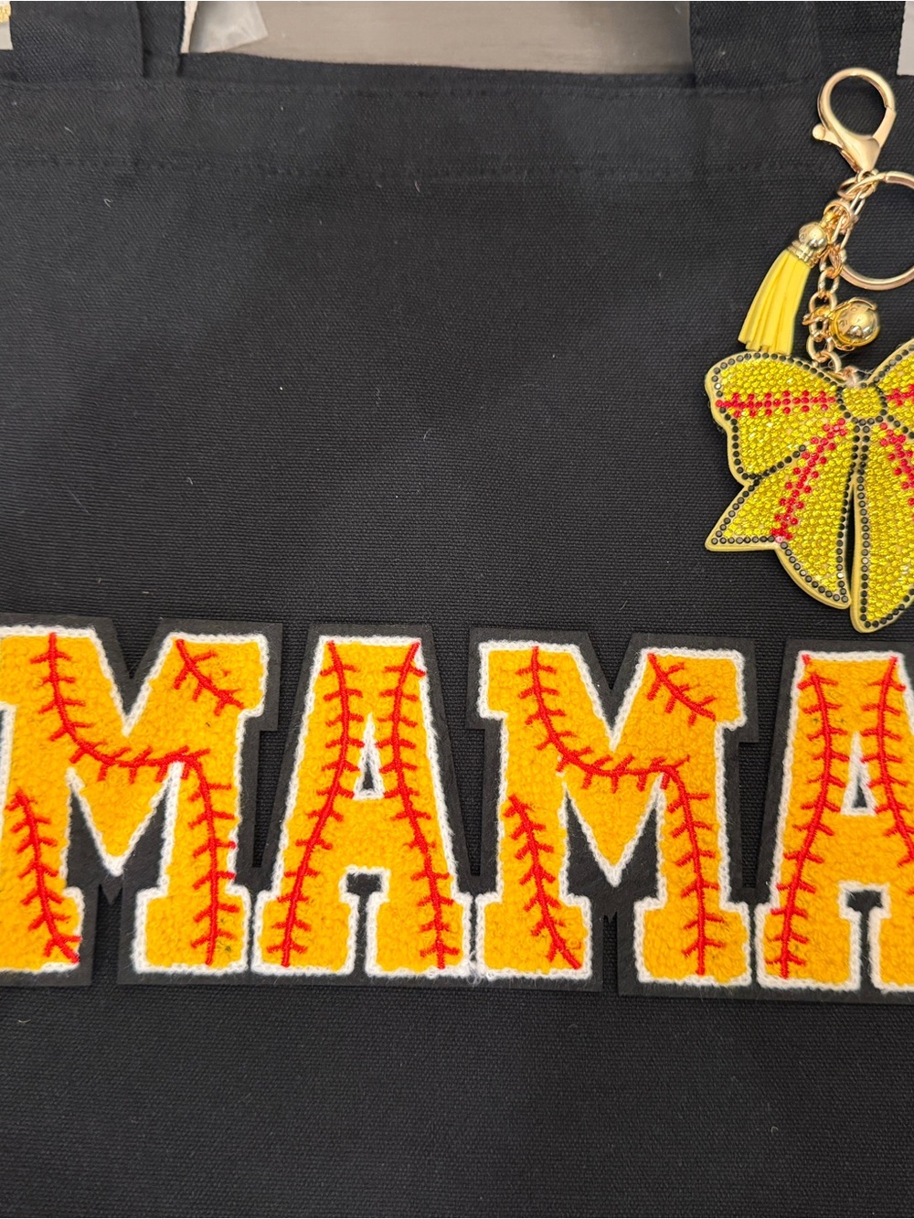 Black Tote with Yellow Appliqué 'MAMA' and Bow Charm